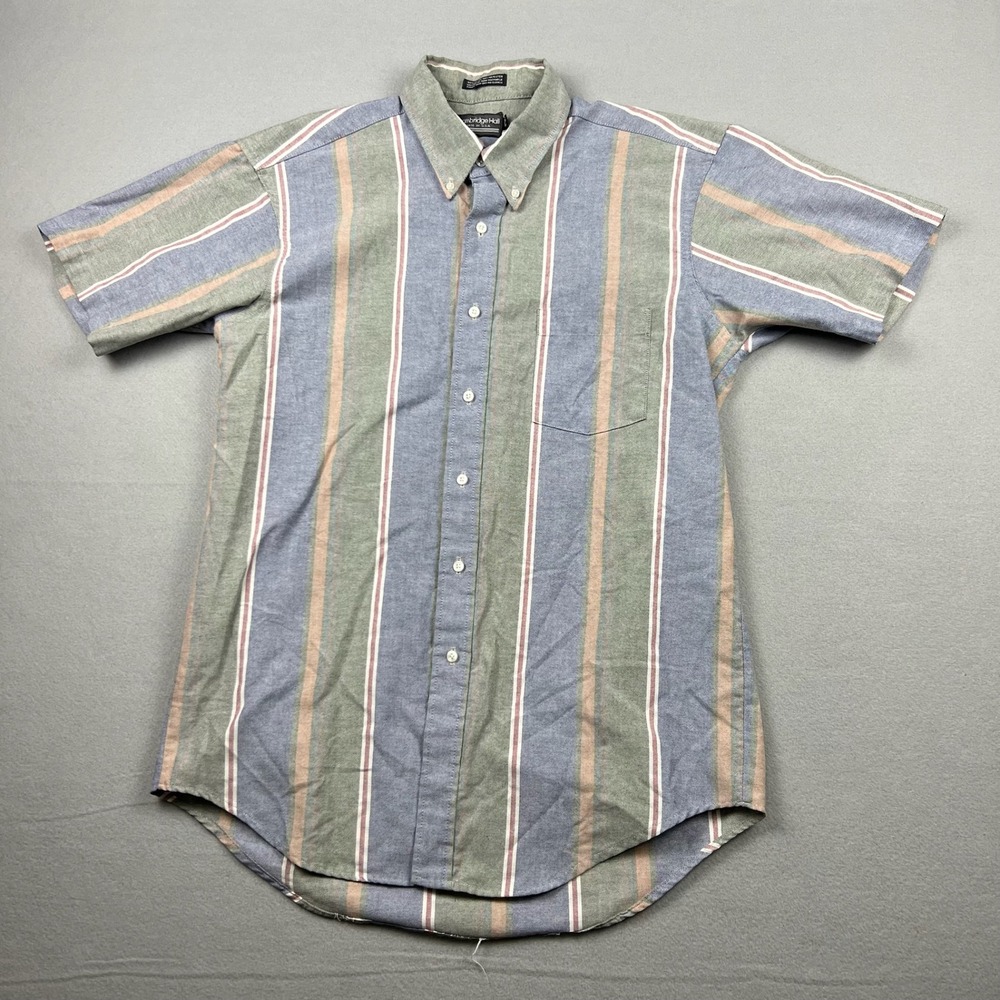 Vintage 90s Cambridge Hall Men Large Blue Green Striped SS Button Down Shirt USA